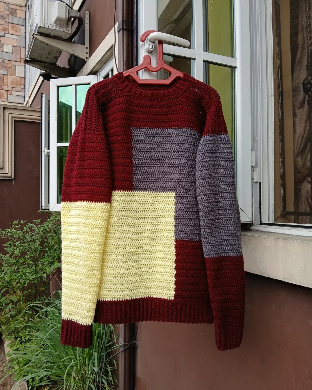 Men's Color - Block Crochet Handmade Knit Patchwork Sweater