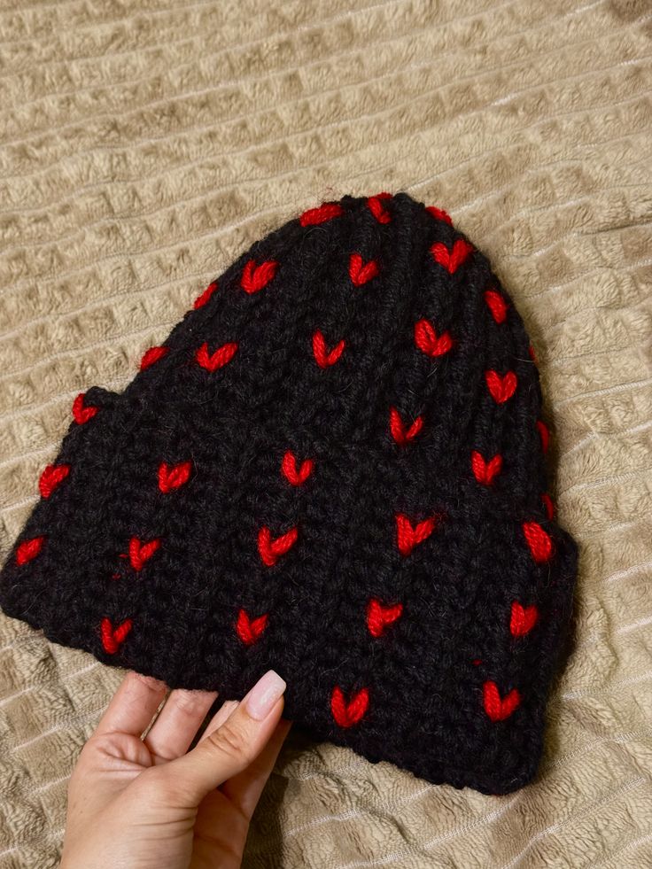 Black Knit Beanie Hat with Red Heart Pattern