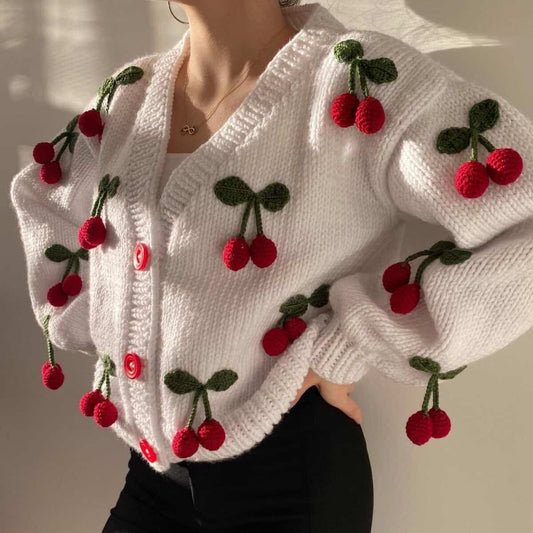Handmade Cherry Design Crochet Sweater - Cardigan