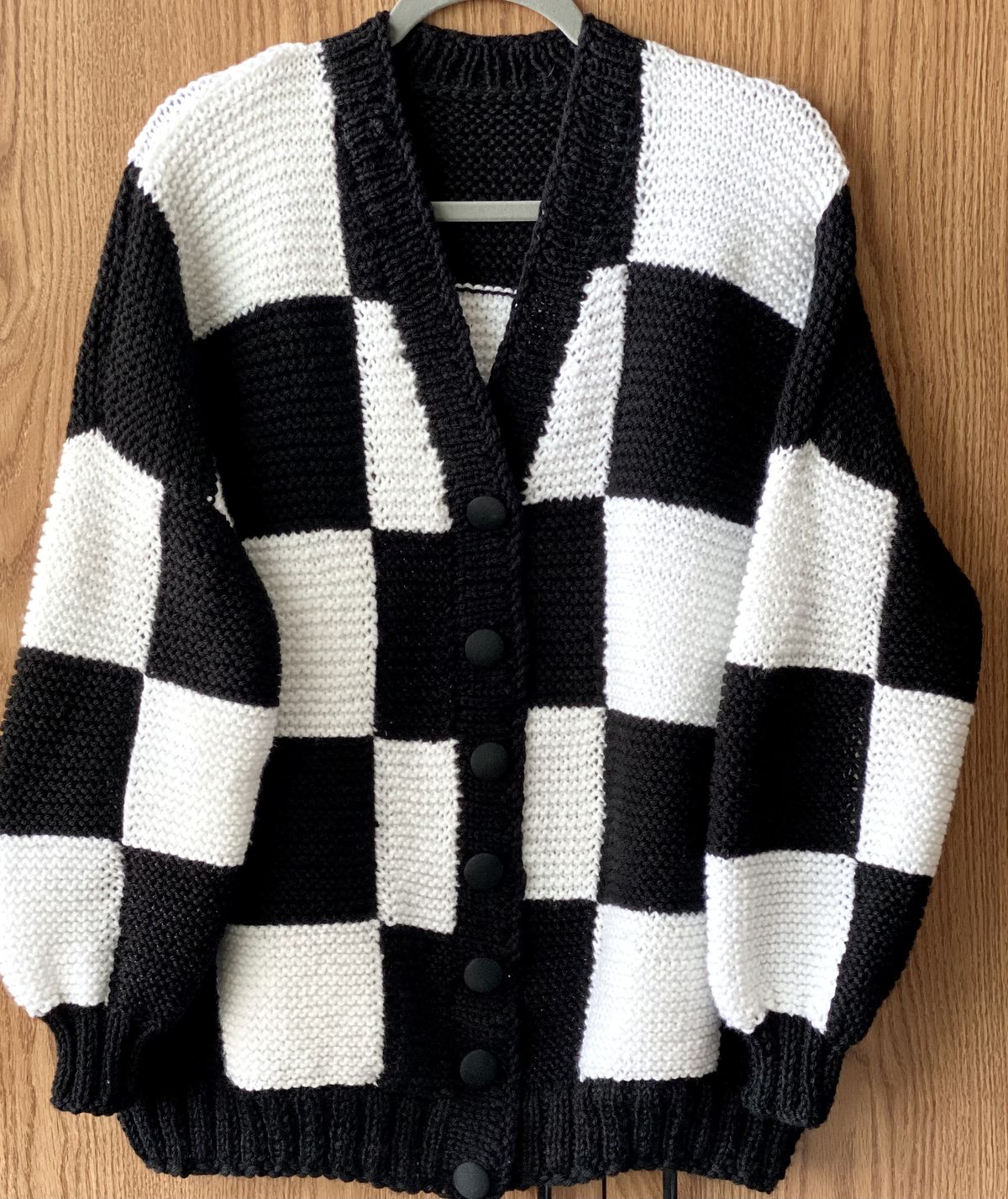 Black & White Checkerboard Crochet Handmade Knit Cardigan Sweater