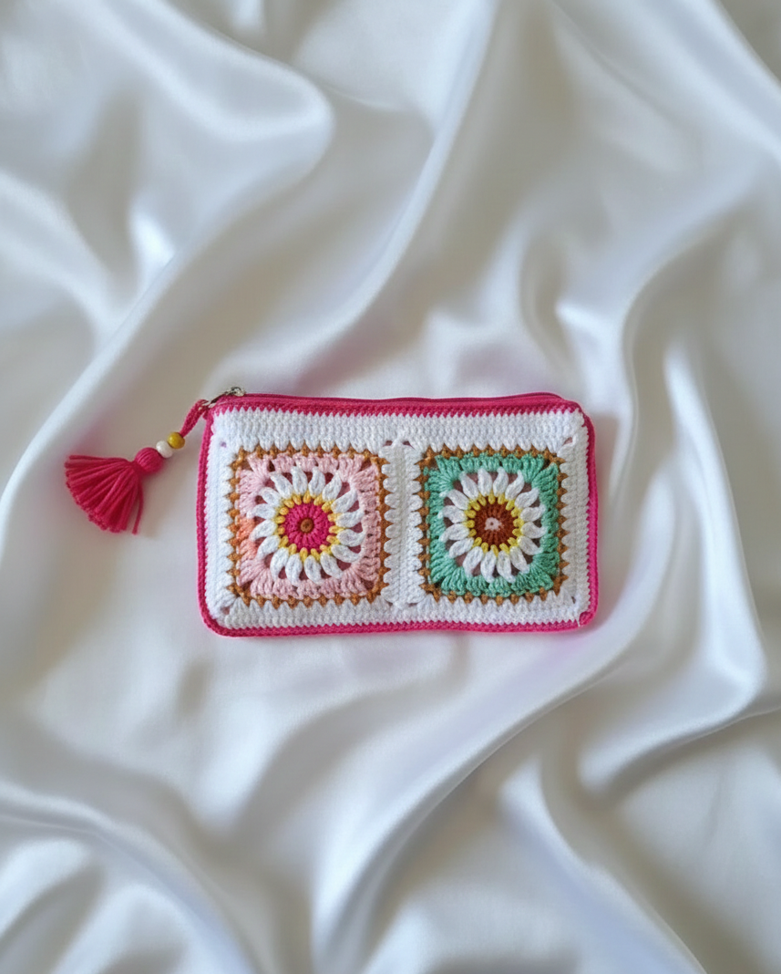 Crochet Handmade Granny Square Tassel Clutch Pouch