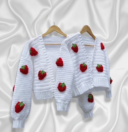 Handmade White Crochet Strawberry Cardigan-Sweater for Girls