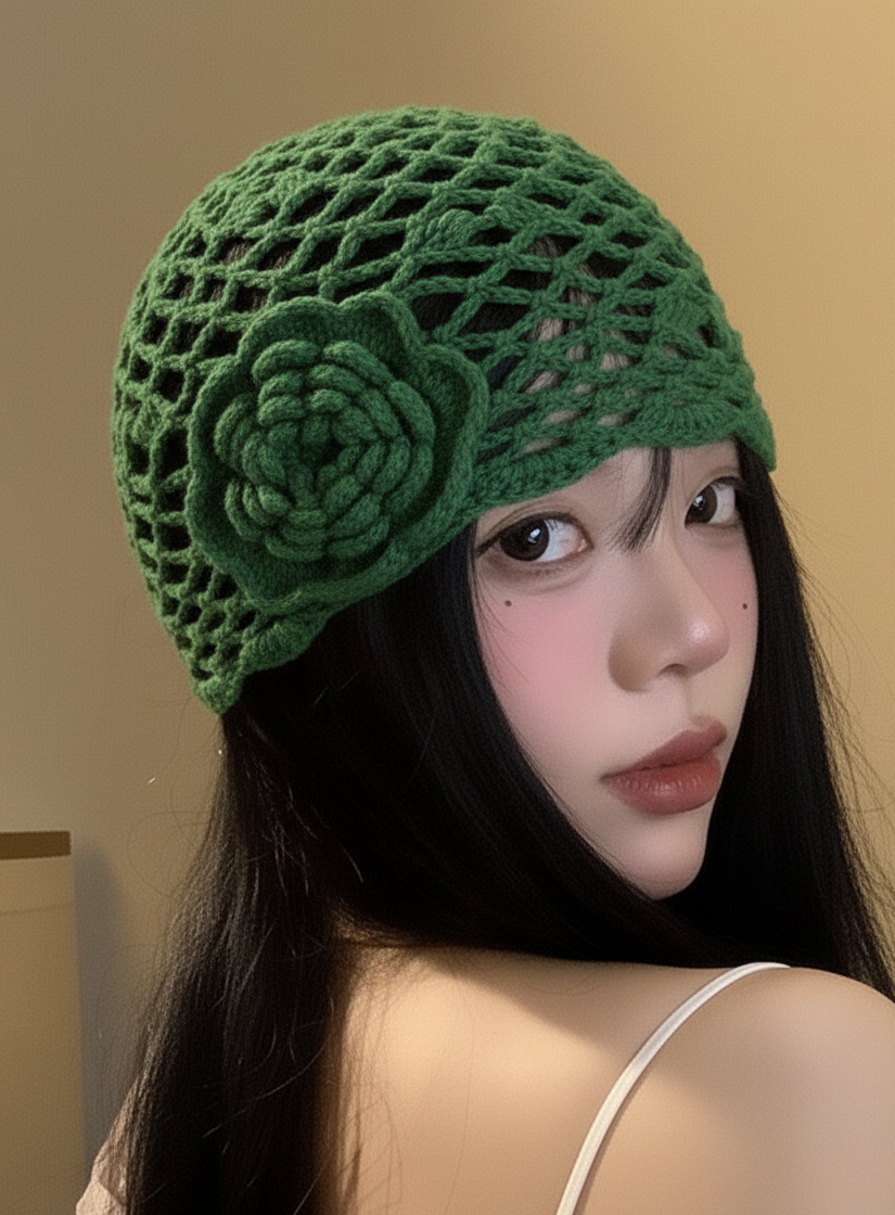 Handmade Crochet Flower Mesh Beanie Cap For Women