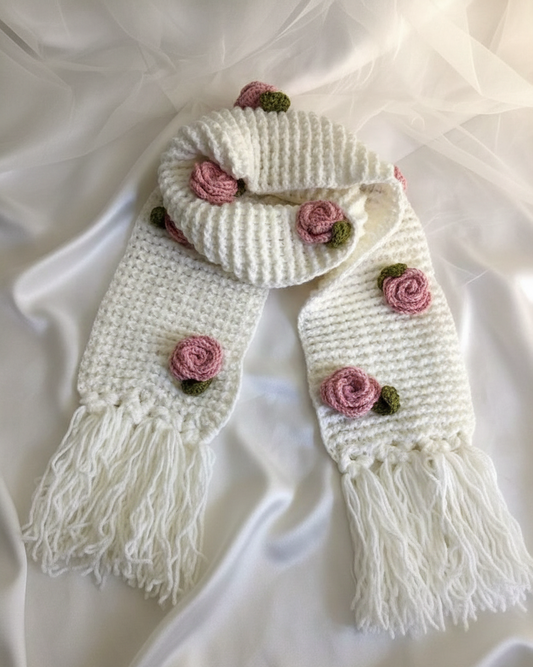 White Crochet Handmade Scarf with Pink Rose Flowers Design