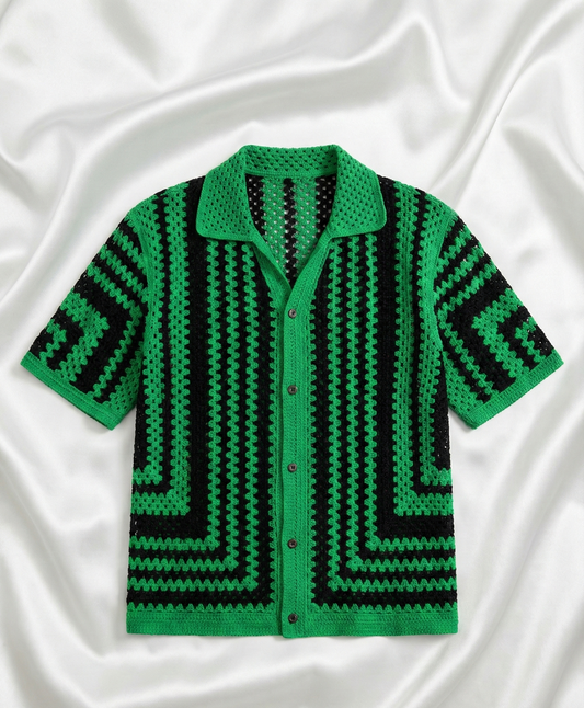 Trendy Bold Pattern Crochet Handmade Button Shirt for Men’s Fashion