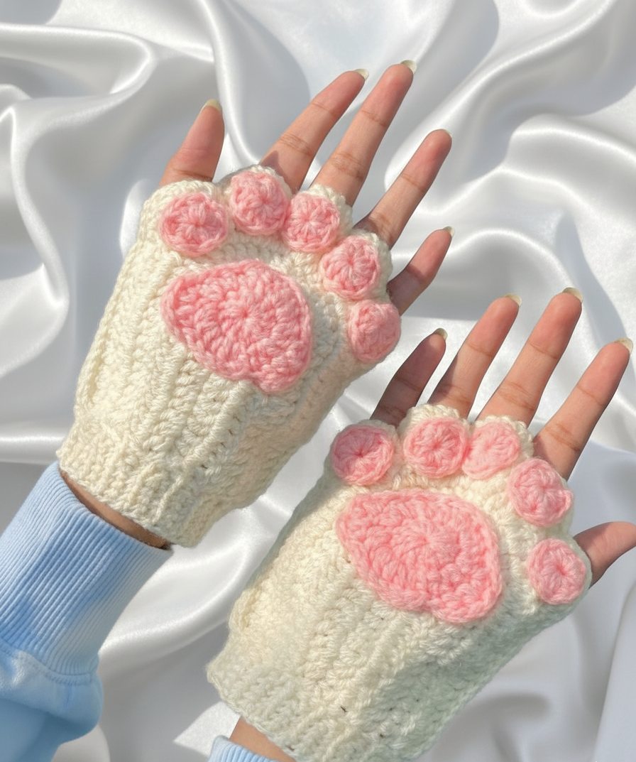 Cute Cat Paw Crochet Fingerless Glove