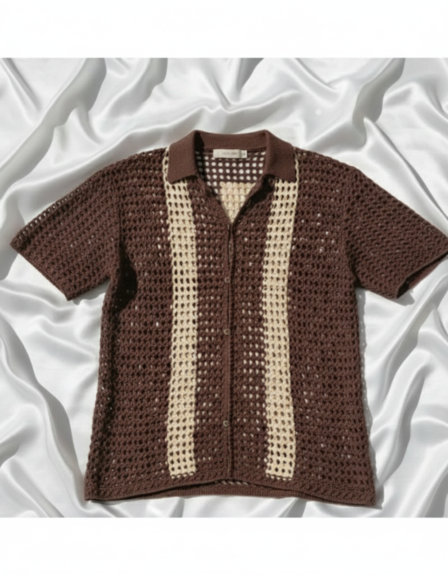 Men’s Brown Crochet Shirt with Cream Stripes