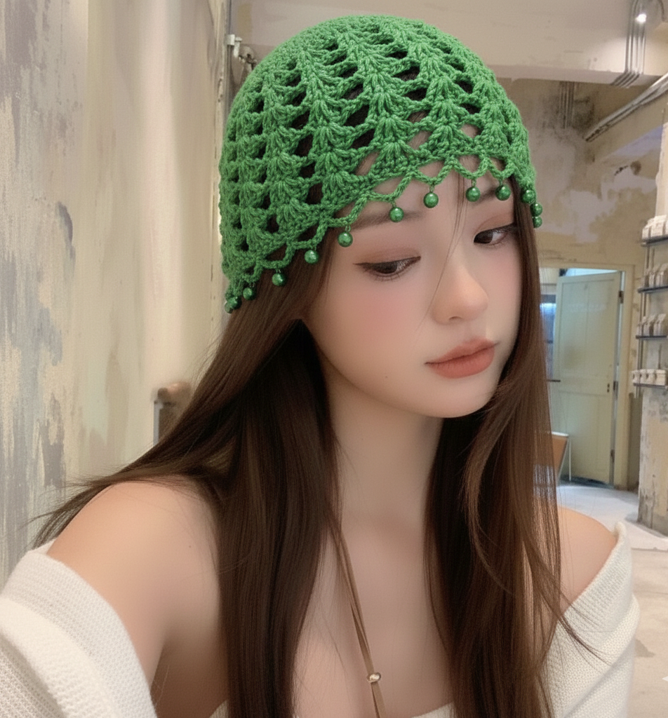 Handmade Crochet Beanie Cap with Pearl Trim For Girls