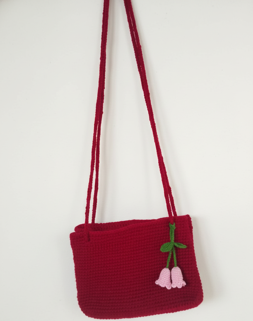 Crochet Shoulder Bag Handmade With Rose Flower Hanging