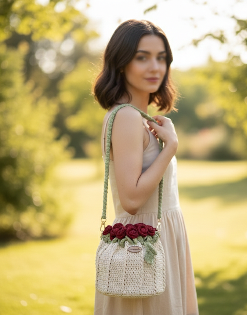 Crochet Handmade 3D Rose Flower Bucket Crossbody Bag