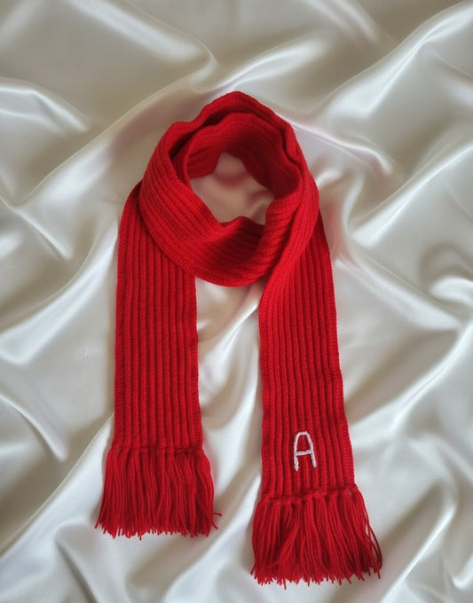 Red Crochet Handmade Scarf with Personalized Name Initial