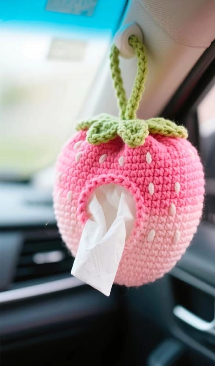 Cute Strawberry Crochet Car Tissue Holder