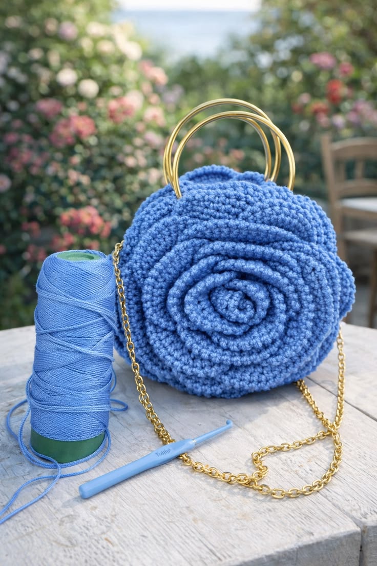 Handmade 3D Rose Crochet Pearl Handle Bag