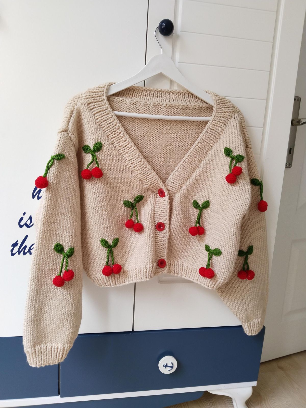 Handmade Cherry Design Crochet Sweater - Cardigan