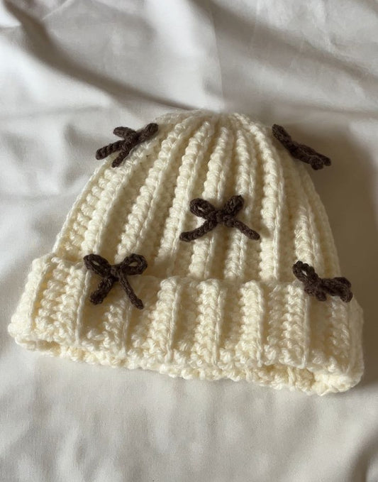 Handmade Knit Beanie Hat with Cute Bow Design