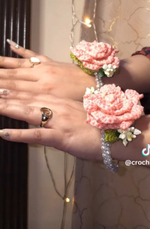 Handmade Crochet Rose Wrist Gajra for Women Pearls