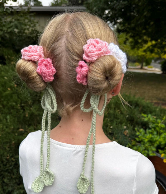 2 Pieces Handmade Crochet Rose Bun Wrap Y2k For Girls