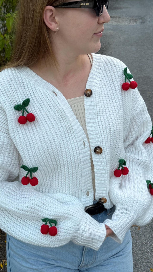 Handmade Cherry Design Crochet Sweater - Cardigan
