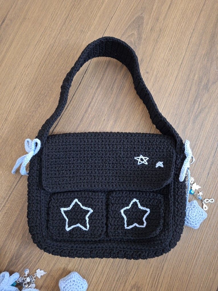 Handmade Crochet Black Shoulder Bag with Stars