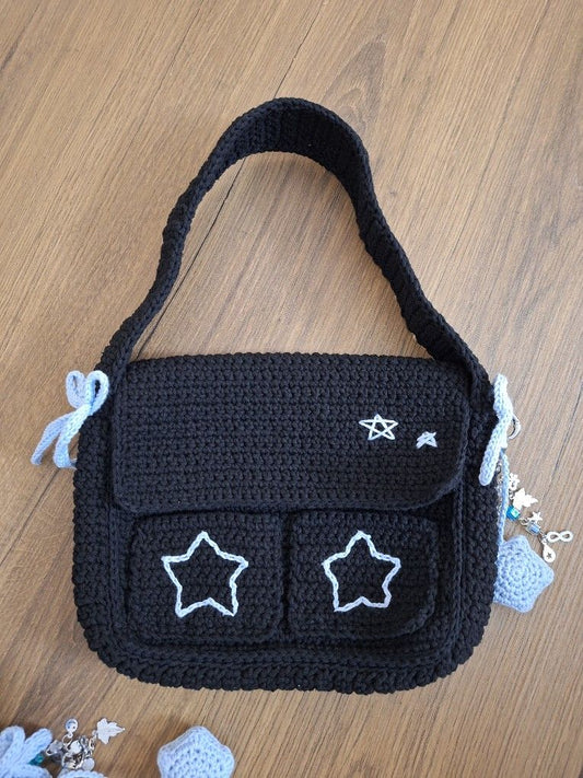 Handmade Crochet Black Shoulder Bag with Stars