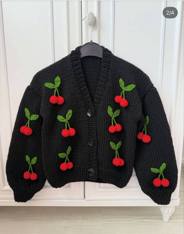 Handmade Cherry Design Crochet Sweater - Cardigan
