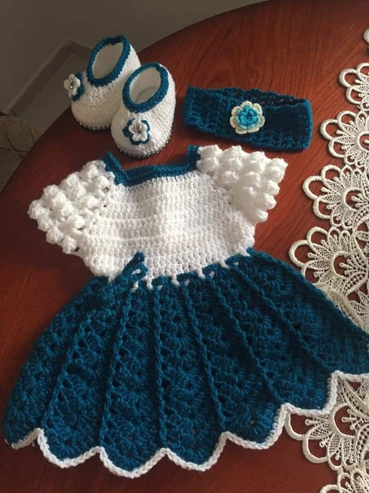 Handmade Crochet Baby Dress Set with Shoes & Headband