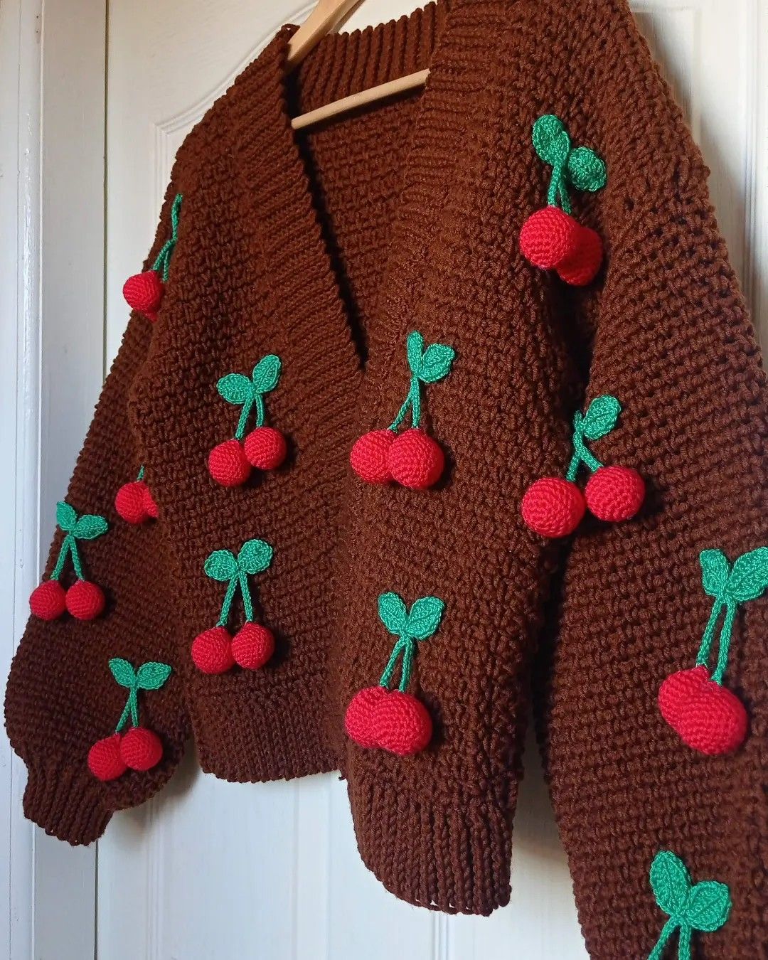 Handmade Cherry Design Crochet Sweater - Cardigan