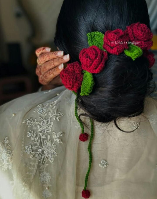 Handmade Crochet Rose Hair Gajra Floral Bun Accessory Style