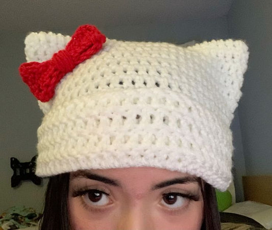 Crochet Cat Ear Beanie Hat with Red Bow