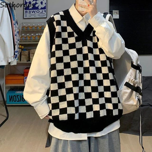 Checkerboard V-Neck Sweater Vest for Men