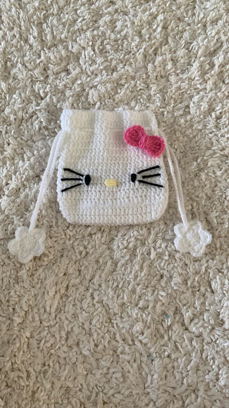 Handmade Crochet Kitty Mini Drawstring Bag