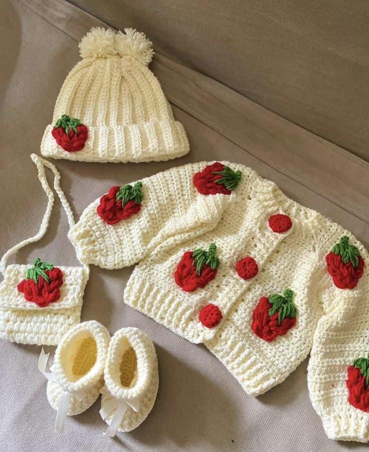 Handmade Crochet Baby Strawberry Outfit Set