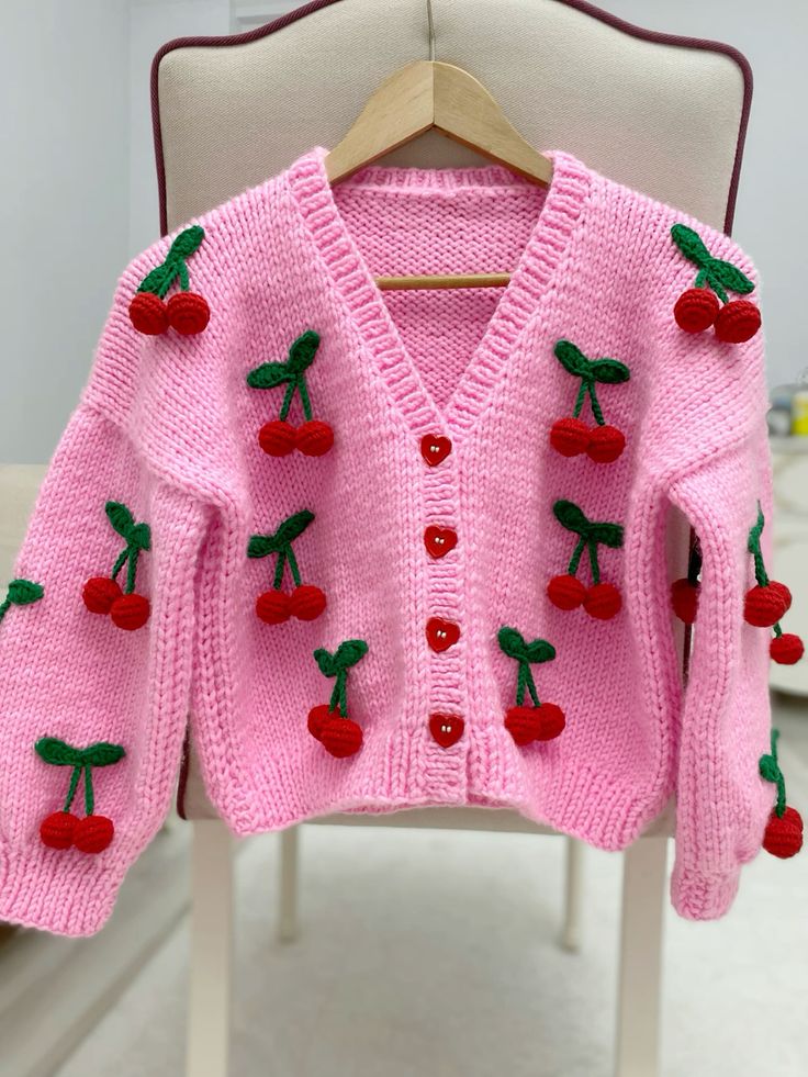 Handmade Cherry Design Crochet Sweater - Cardigan