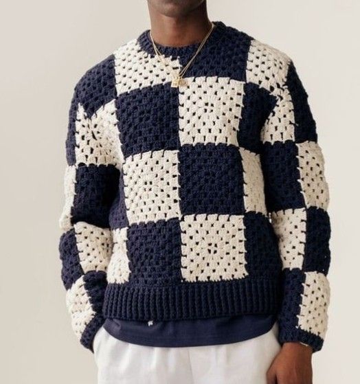 Handmade Crochet Men's Checkered Pullover Sweater
