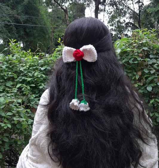 Crochet Handmade White and Red Rose Hair Bow Clip For Girls