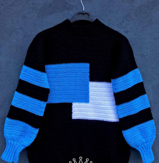 Men's Color - Block Crochet Handmade Knit Patchwork Sweater