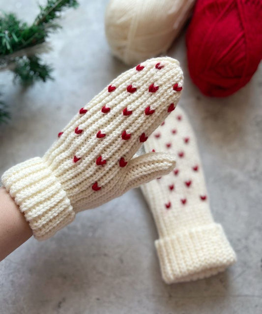 Crochet Handmade Knit Mittens - Full Floves with Heart Design