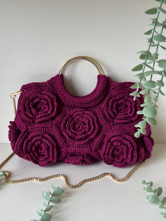 3D Rose Crochet Handbag with Gold Handle