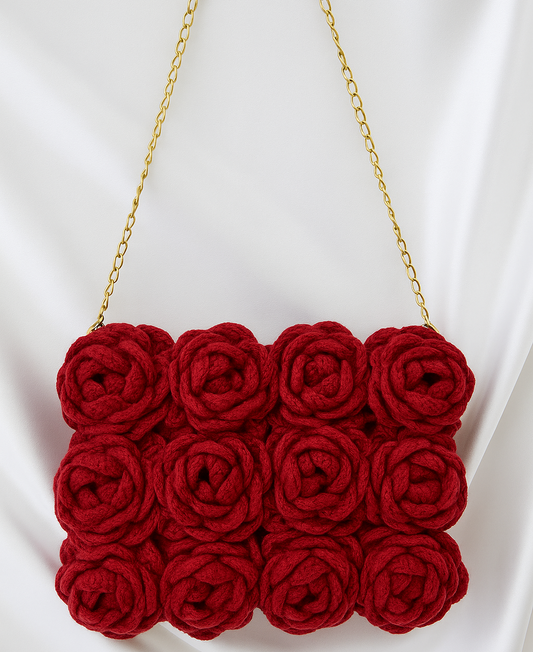 Red Crochet Rose Bag with Golden Chain Handle