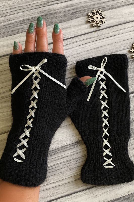 Adorable Handmade Crochet - Knitted Fingerless Gloves with Lace-Up Design
