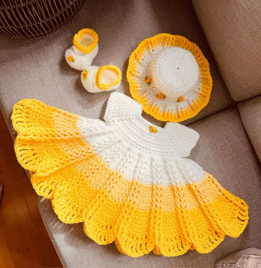 Crochet Baby Dress Set with Hat & Shoes Yellow