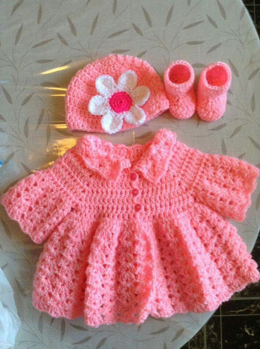 Crochet Baby Girl Dress Set with Hat & Shoes