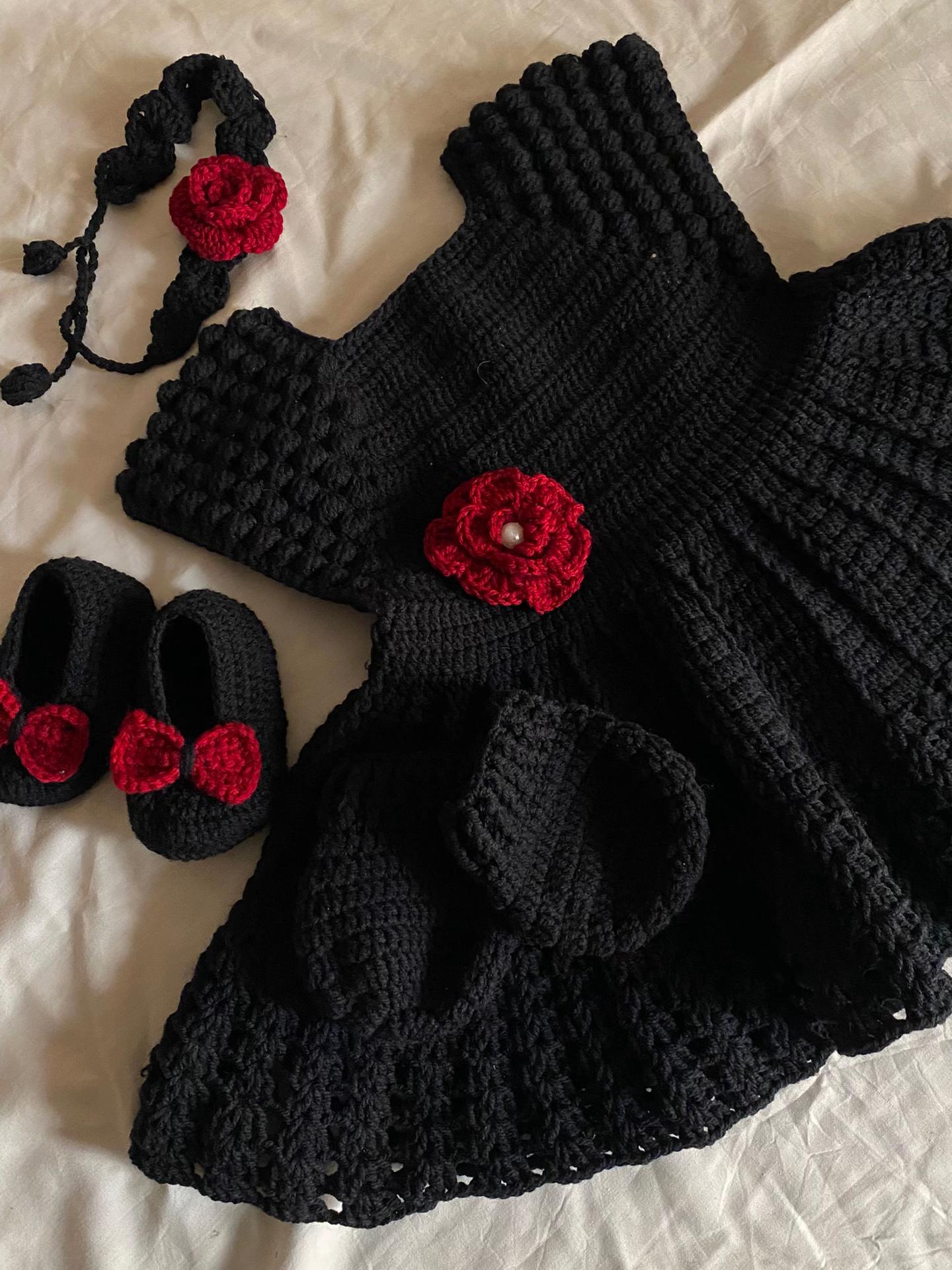 Black Crochet Baby Dress with Shoes Set