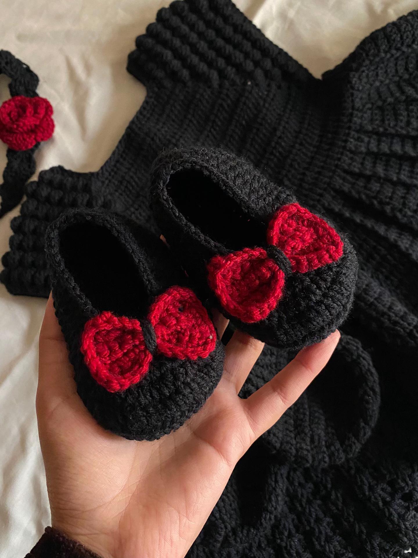 Black Crochet Baby Dress with Shoes Set
