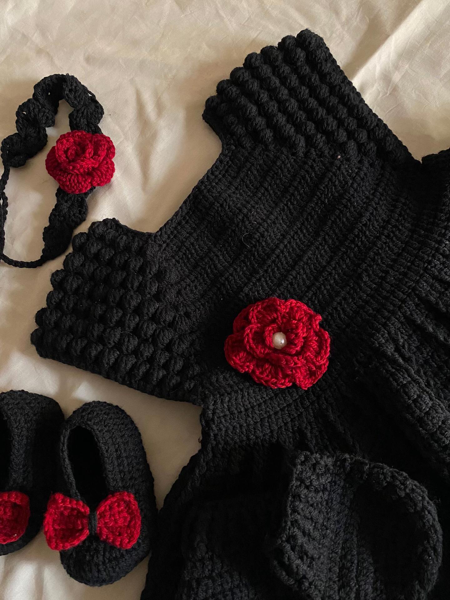 Black Crochet Baby Dress with Shoes Set