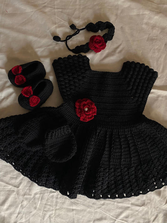 Black Crochet Baby Dress with Shoes Set