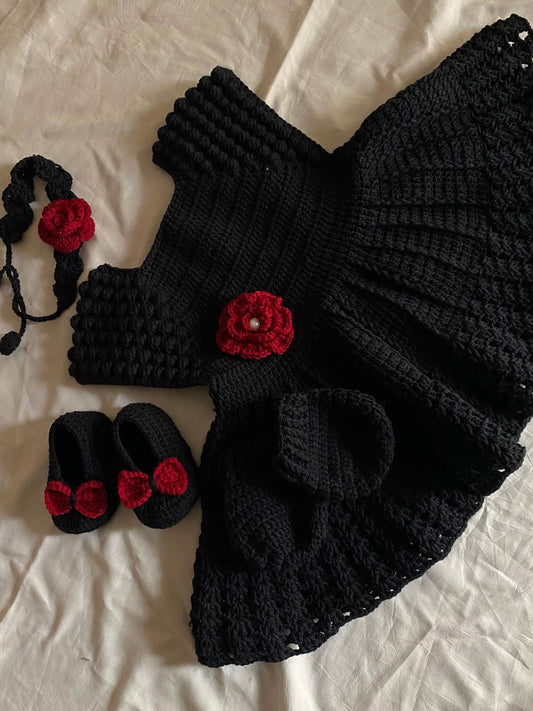 Black Crochet Baby Dress with Shoes Set