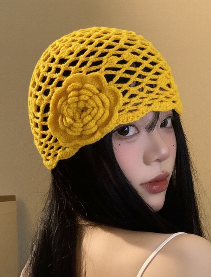 Handmade Crochet Flower Mesh Beanie Cap For Women