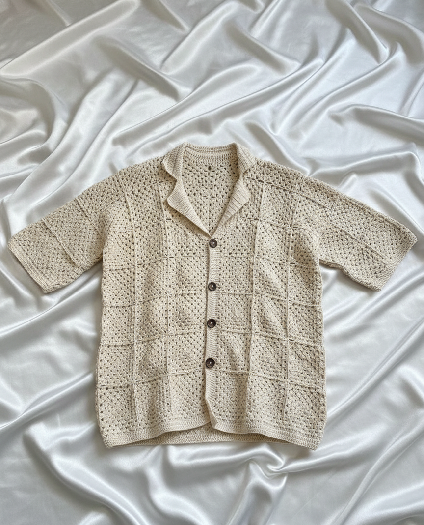 Beige Crochet Shirt for Men with Button Front
