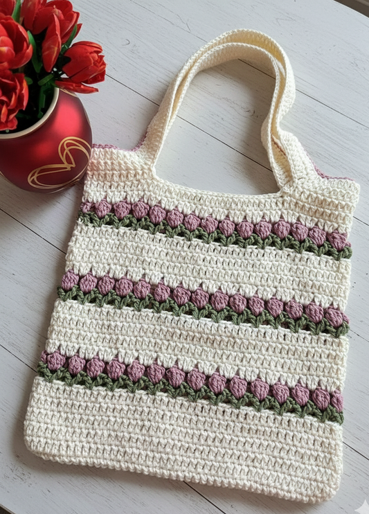 Crochet Handmade Tulip Stitch Knit Floral Tote Bag
